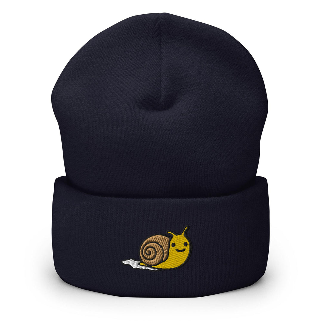 a beanie hat with a snail on it