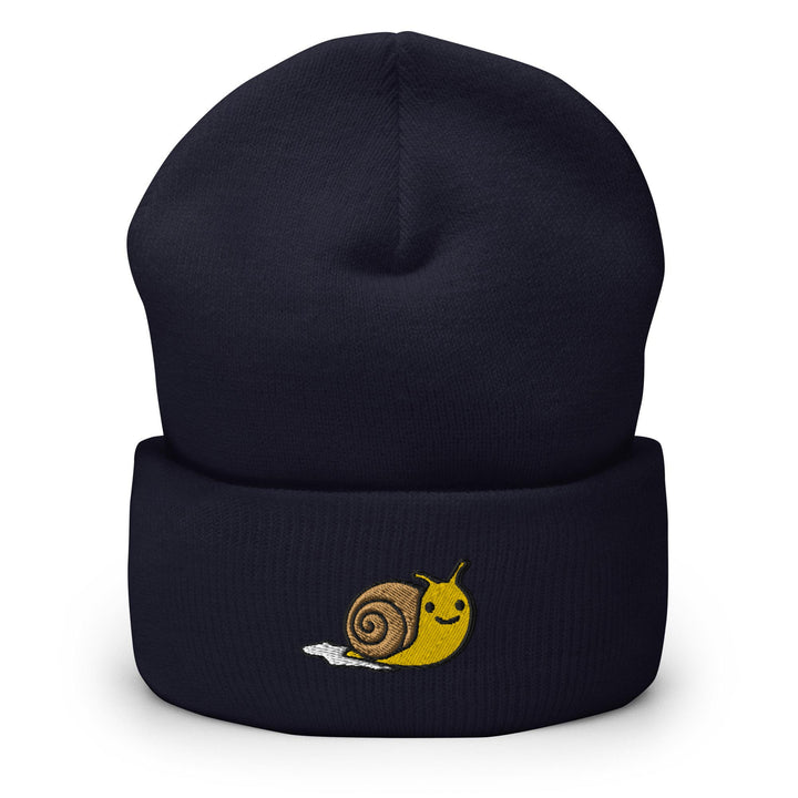 a beanie hat with a snail on it
