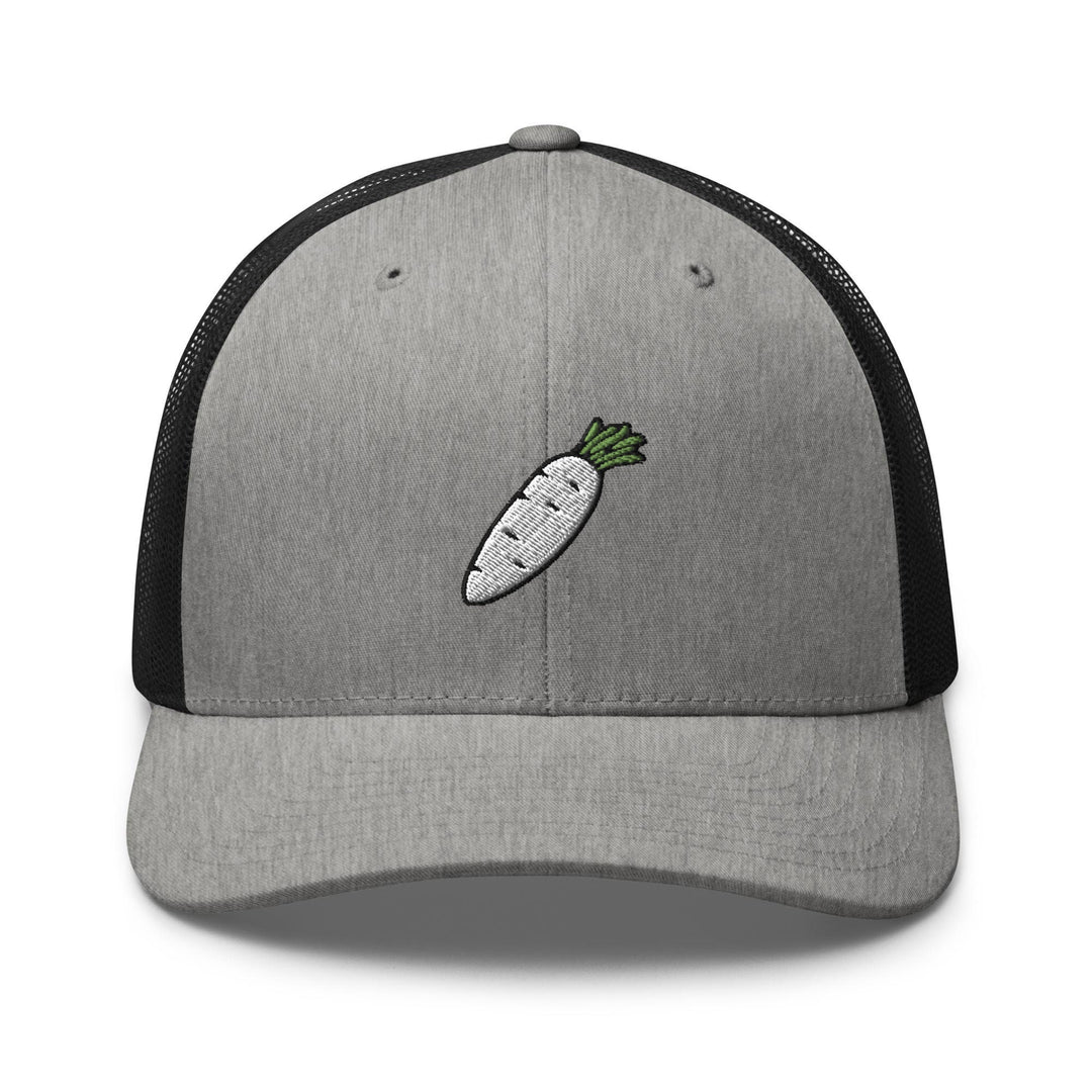 a gray and black hat with a carrot embroidered on it
