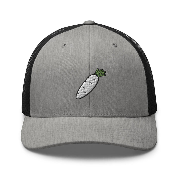 a gray and black hat with a carrot embroidered on it