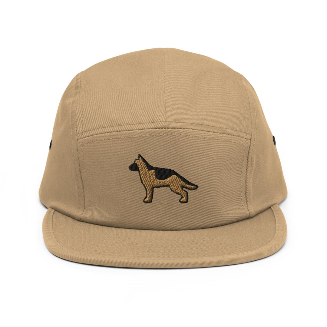 a tan hat with a dog embroidered on it