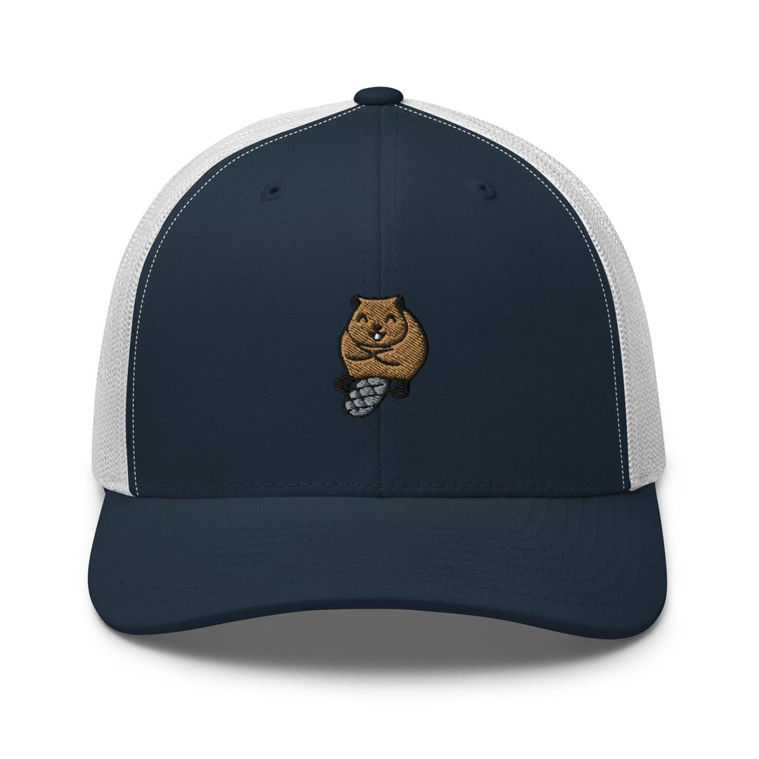 a blue and white trucker hat with a brown bear on it