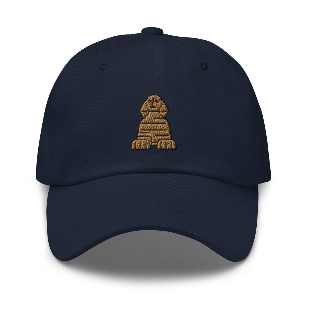 a blue hat with a brown dog on it