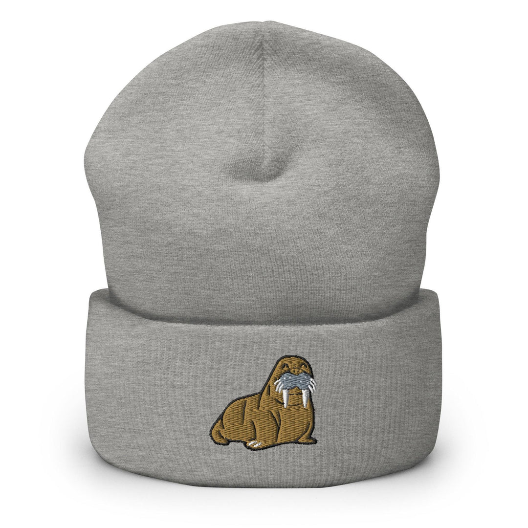a grey beanie with an image of a dog on it