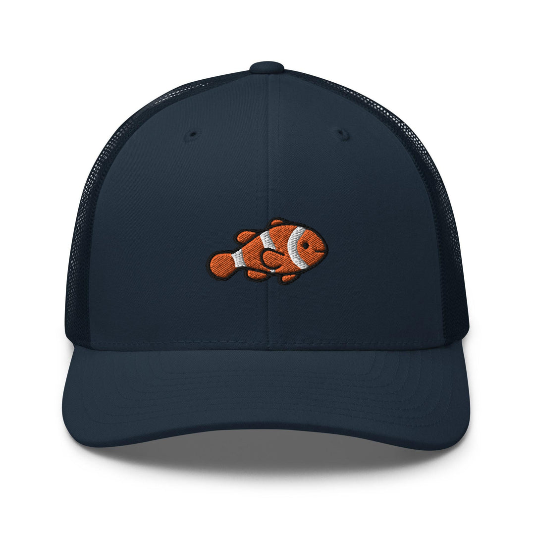 a blue trucker hat with an orange clown fish embroidered on the front
