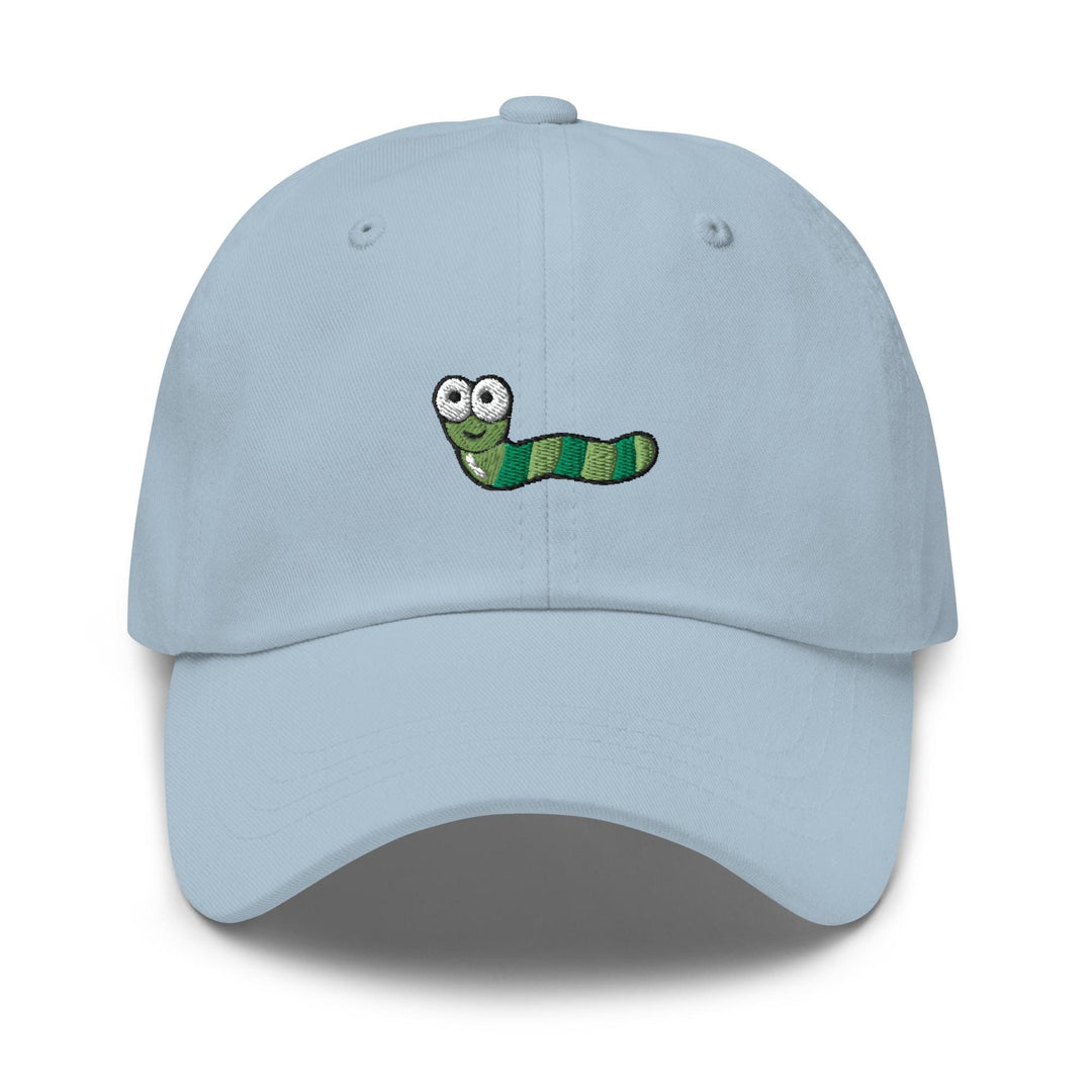a light blue hat with a green worm embroidered on it