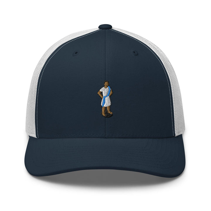a blue and white trucker hat with a picture of a basketball player