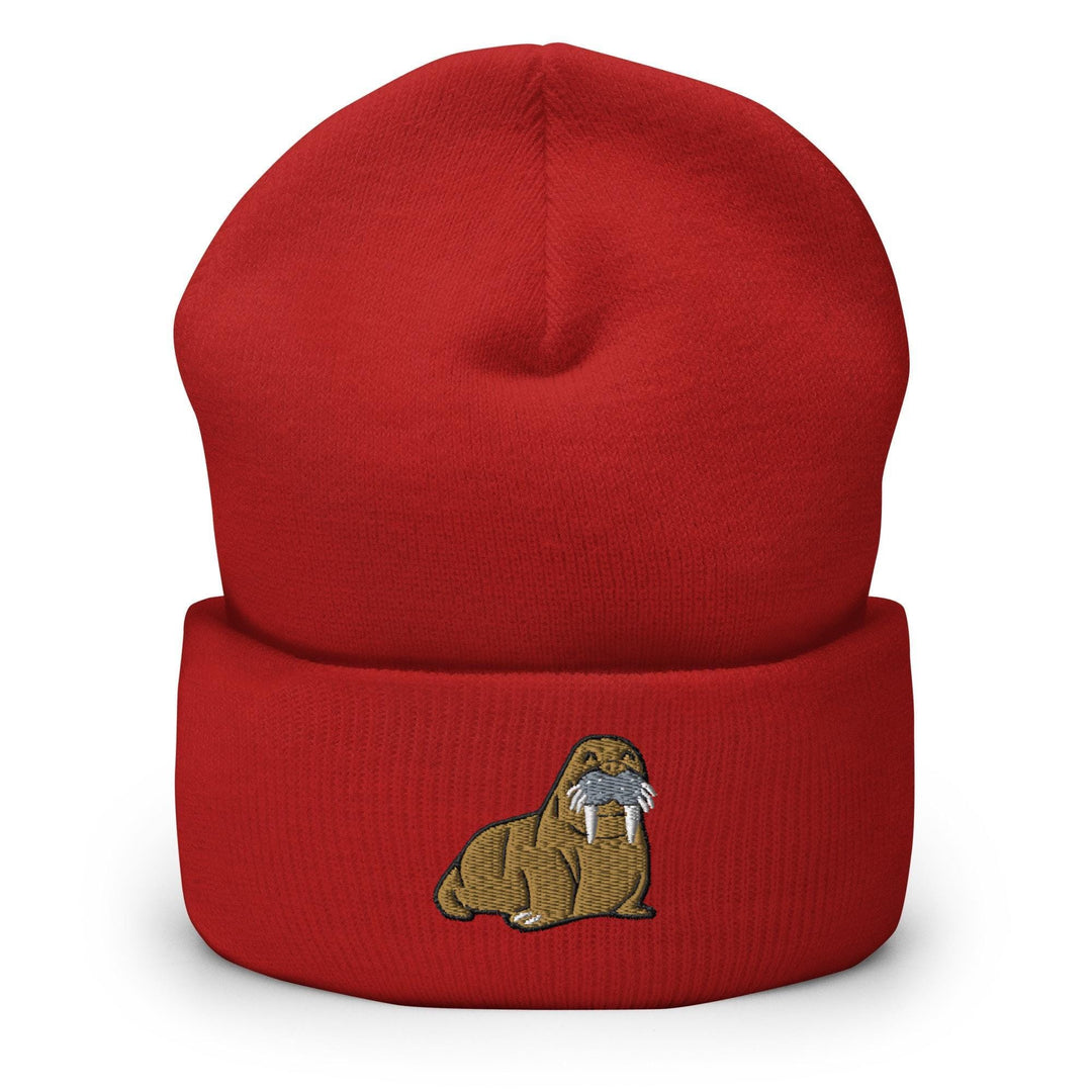 a red beanie with a cartoon dog on it