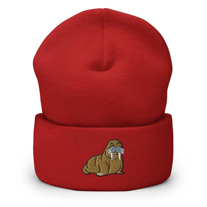 a red beanie with a cartoon dog on it