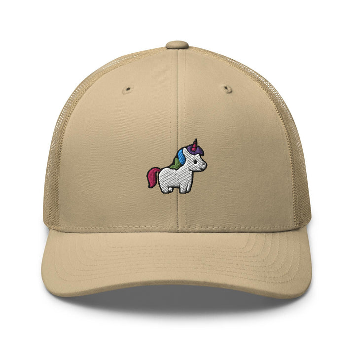 a tan hat with a unicorn embroidered on the front