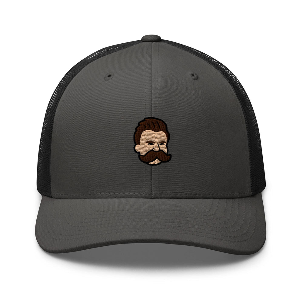 a gray and black trucker hat with a picture of a man with a beard