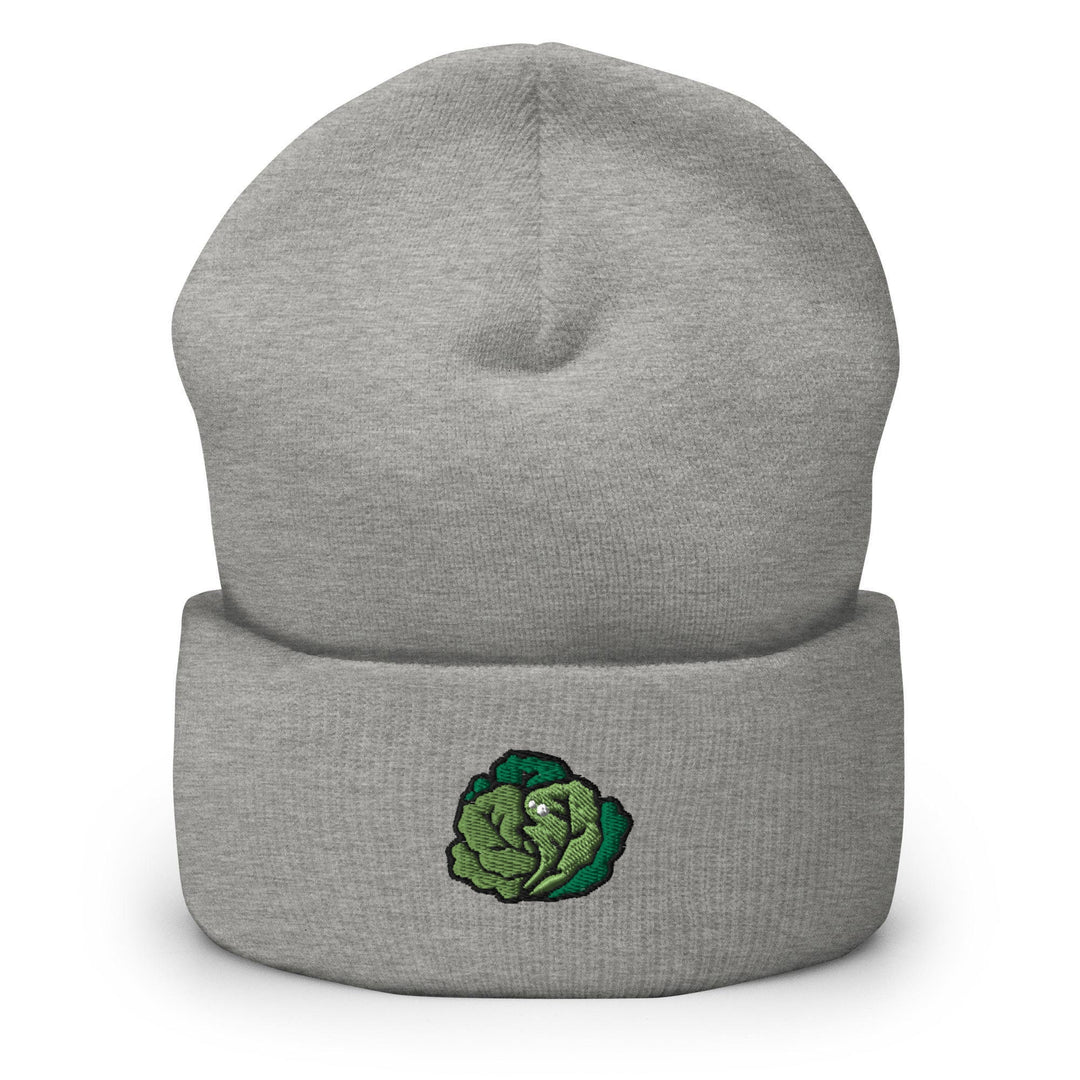 a gray beanie with a green cabbage on it
