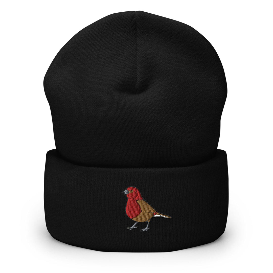 a black hat with a red bird embroidered on it