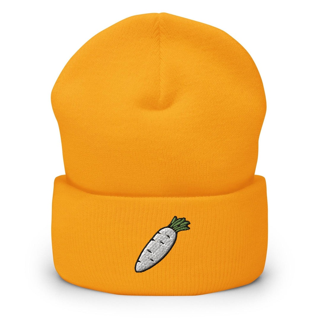 a beanie hat with a carrot embroidered on it