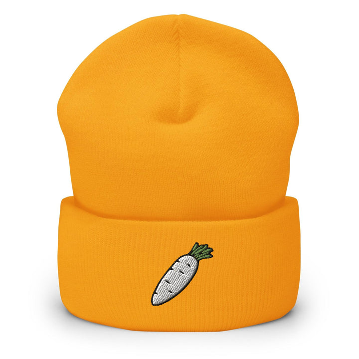 a beanie hat with a carrot embroidered on it