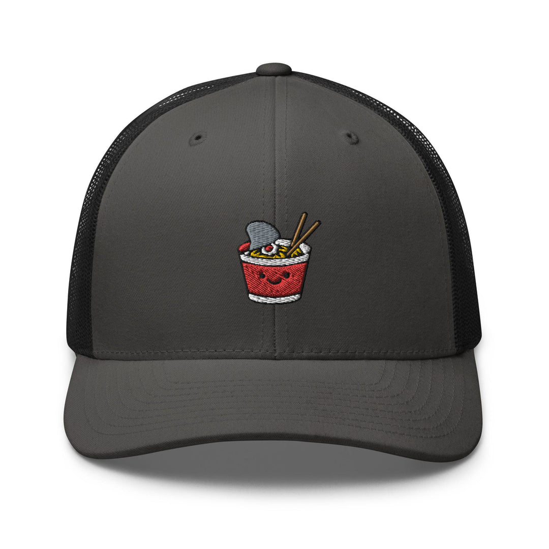 a gray and black hat with a picture of a bowl of noodles and chopstick