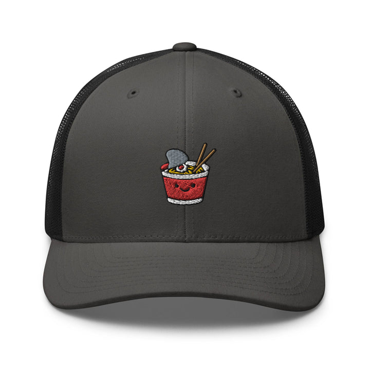 a gray and black hat with a picture of a bowl of noodles and chopstick