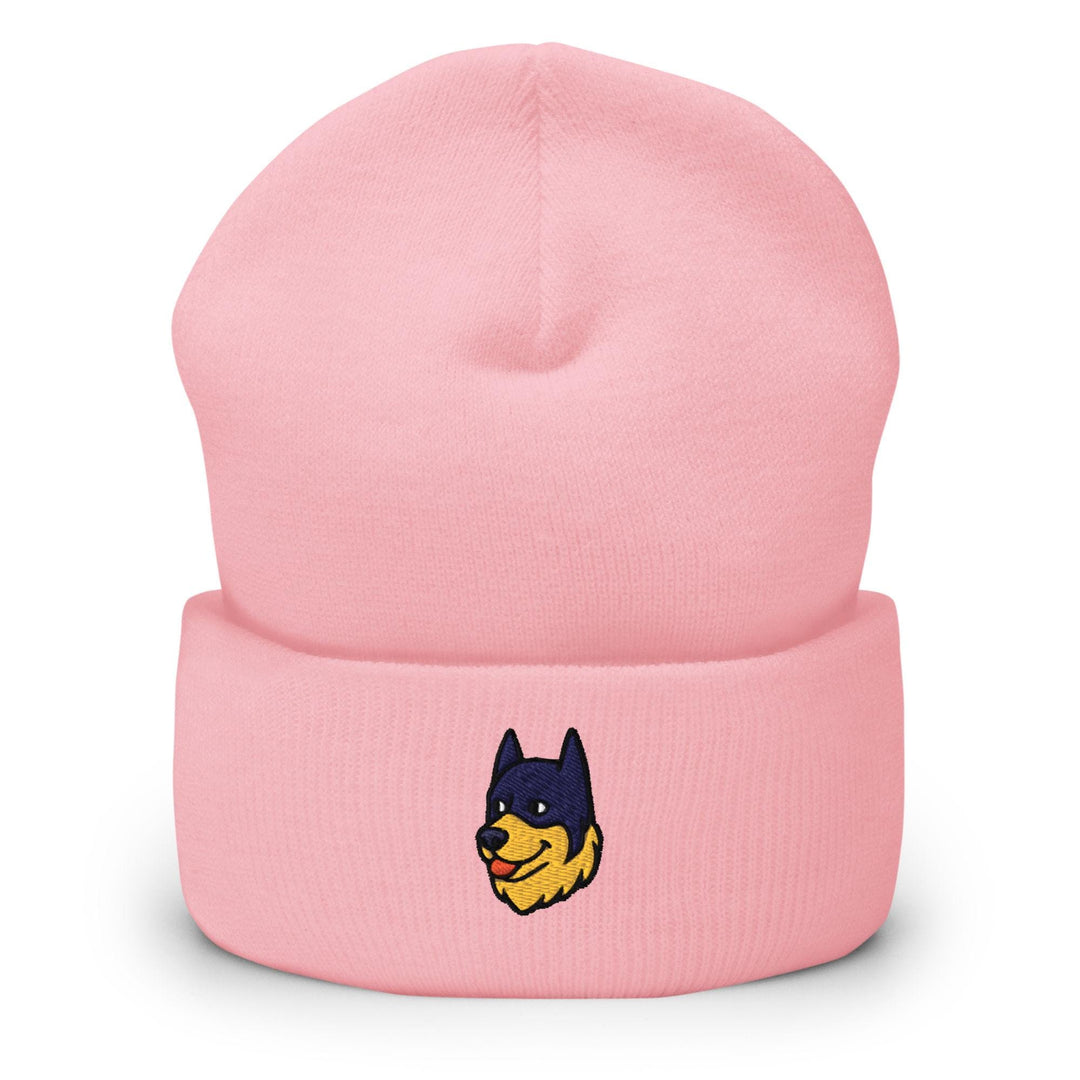 a pink hat with a cartoon dog on it