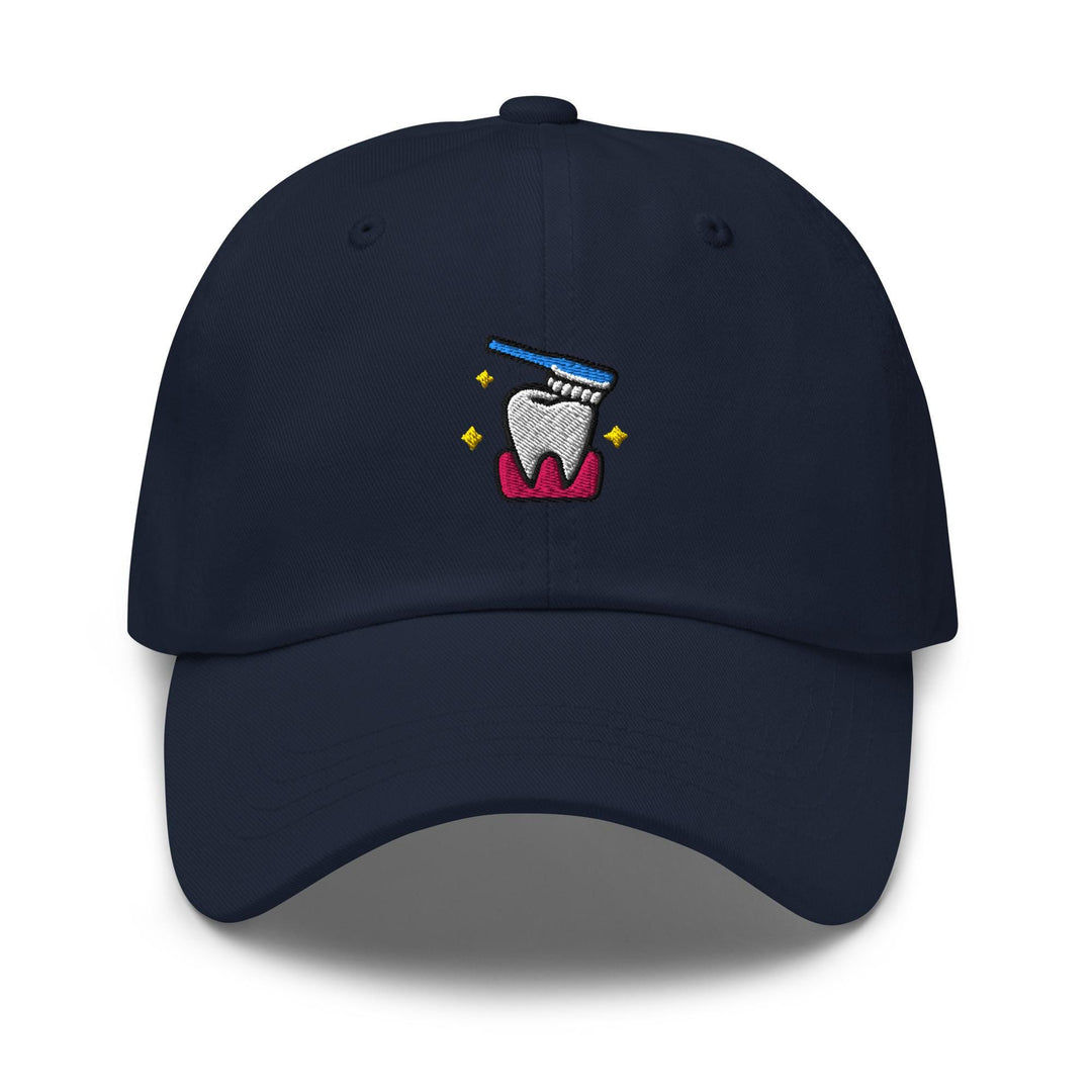 a blue hat with a toothbrush embroidered on it