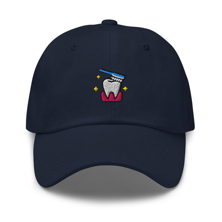 a blue hat with a toothbrush embroidered on it