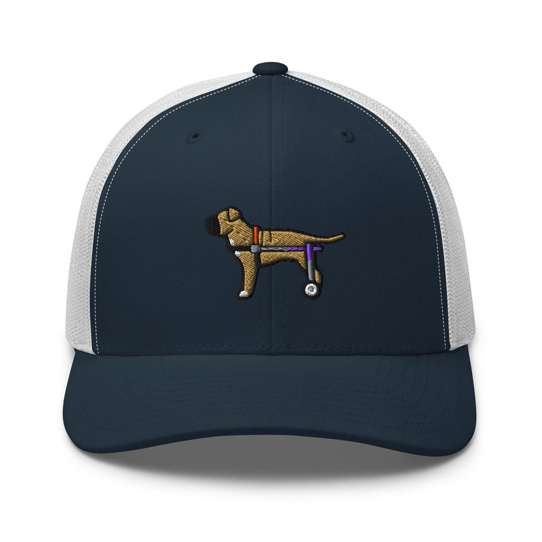 a blue and white trucker hat with a dog on it