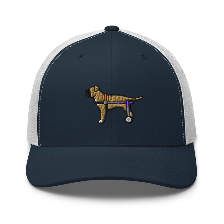 a blue and white trucker hat with a dog on it