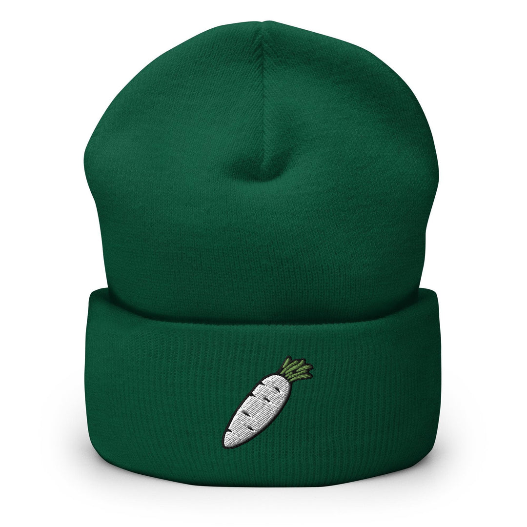 a green beanie with a white carrot embroidered on it