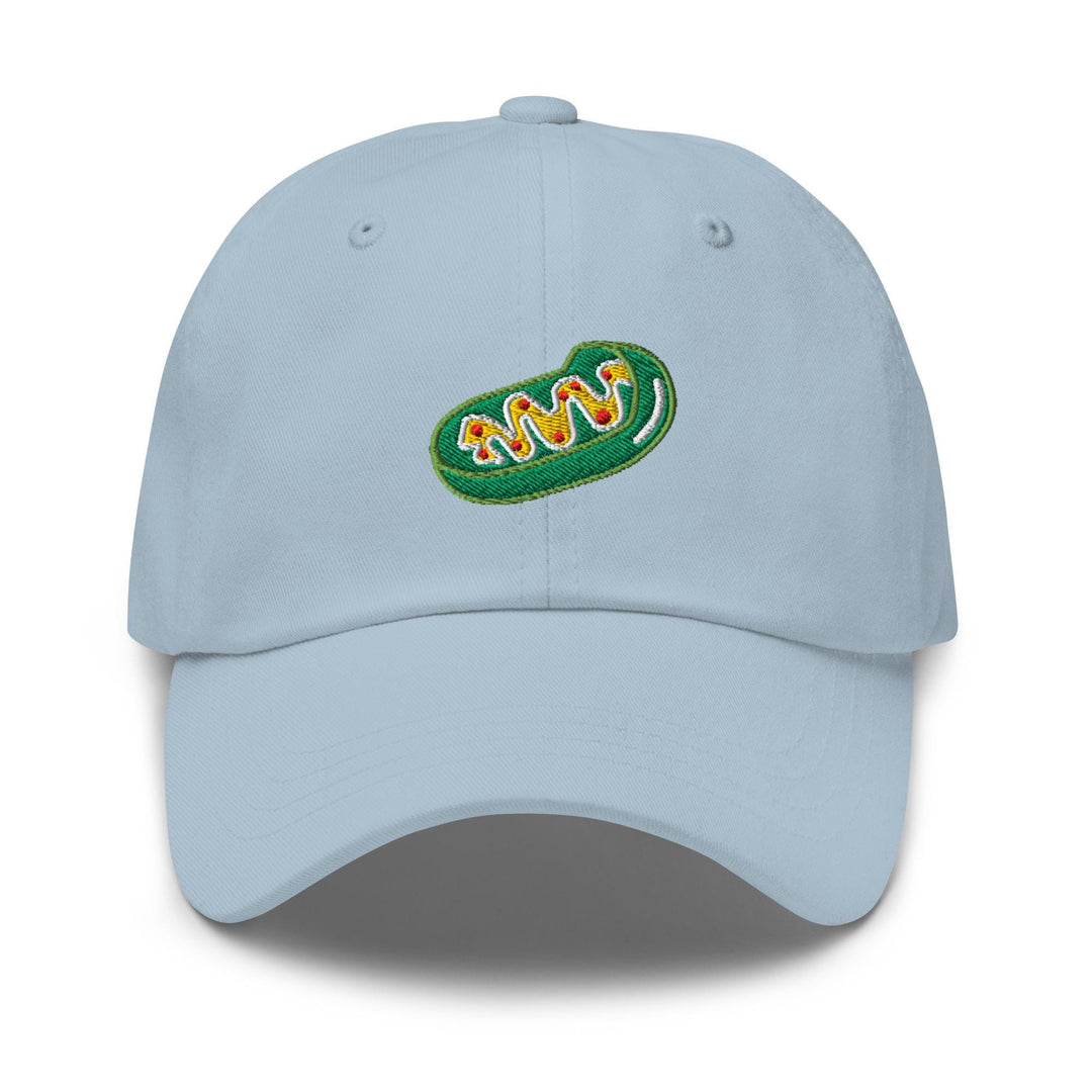 a light blue hat with a green logo on it