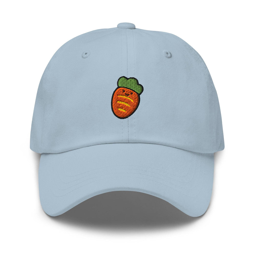 a light blue hat with a carrot embroidered on it