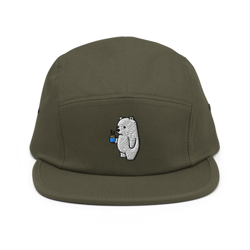 a green hat with a bear embroidered on it