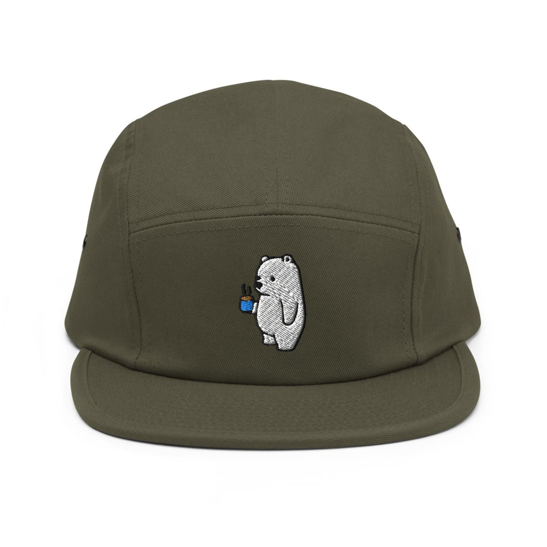 a green hat with a bear embroidered on it