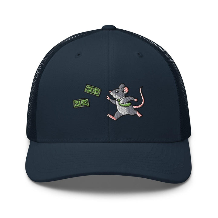 a blue trucker hat with a cartoon mouse holding money