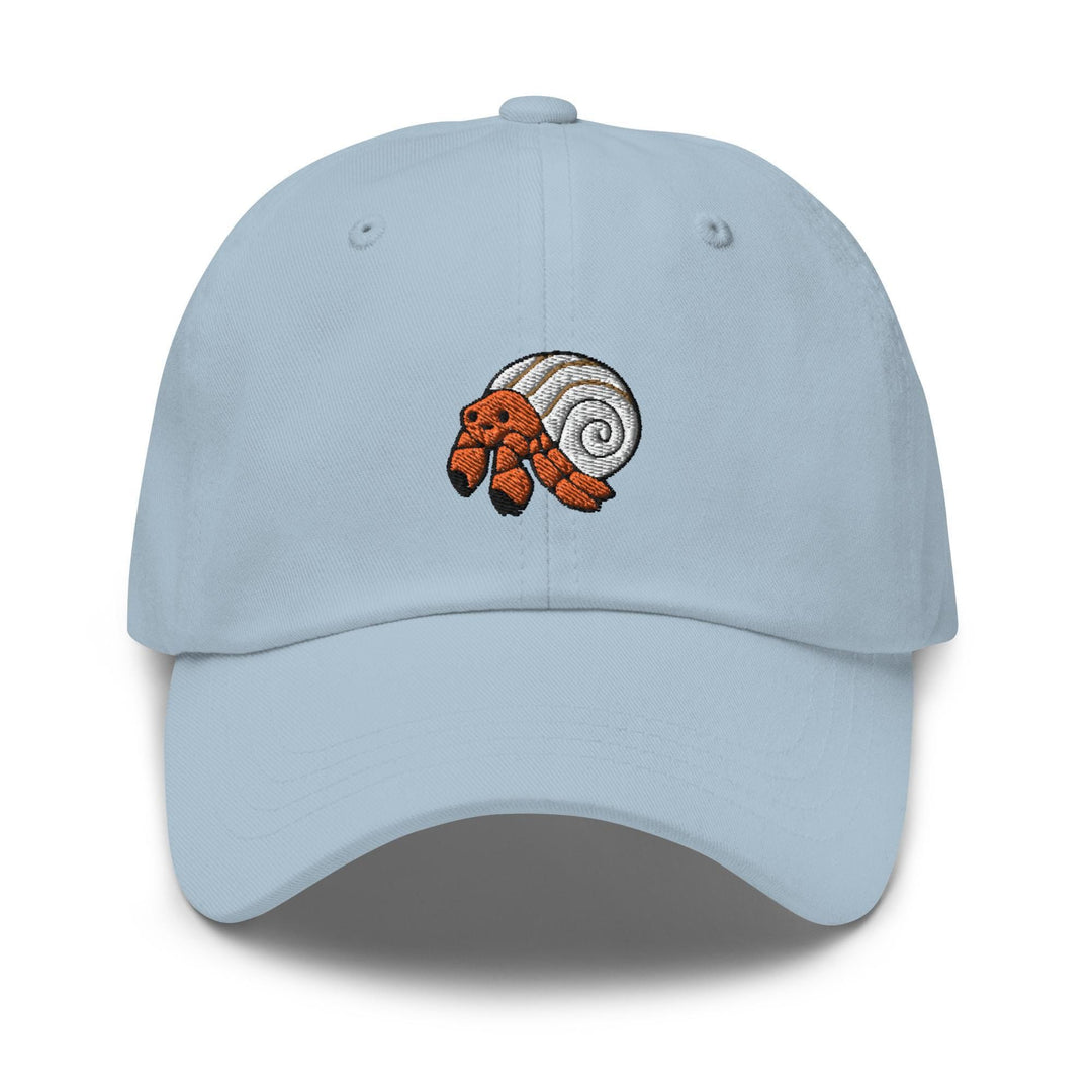 a light blue hat with an orange snail embroidered on the front