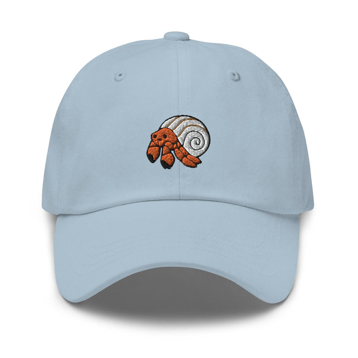 a light blue hat with an orange snail embroidered on the front
