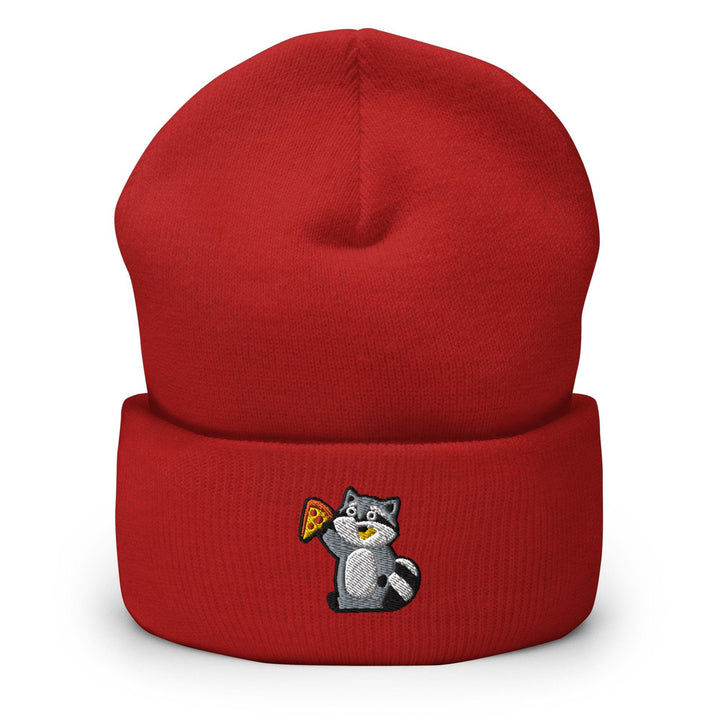a red beanie with a cartoon cat eating a pizza