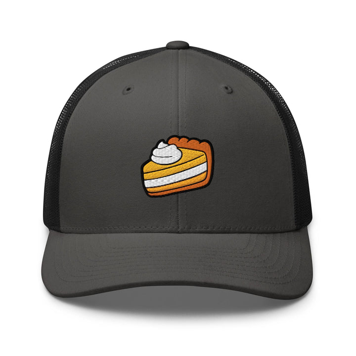 a gray and black trucker hat with a piece of pie on it