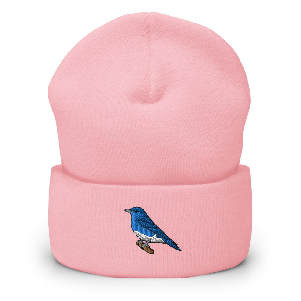 a pink beanie with a blue bird on it