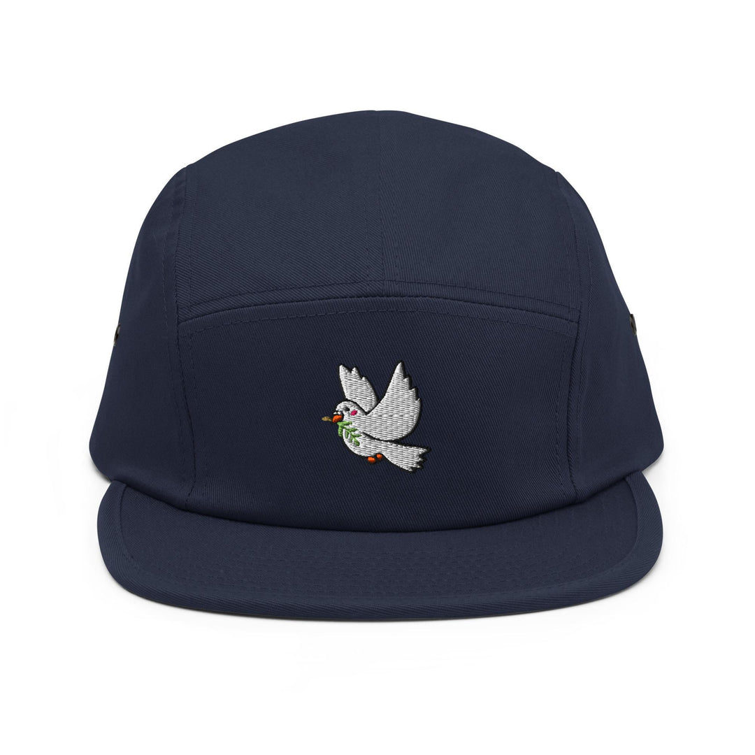 a blue hat with a bird embroidered on it