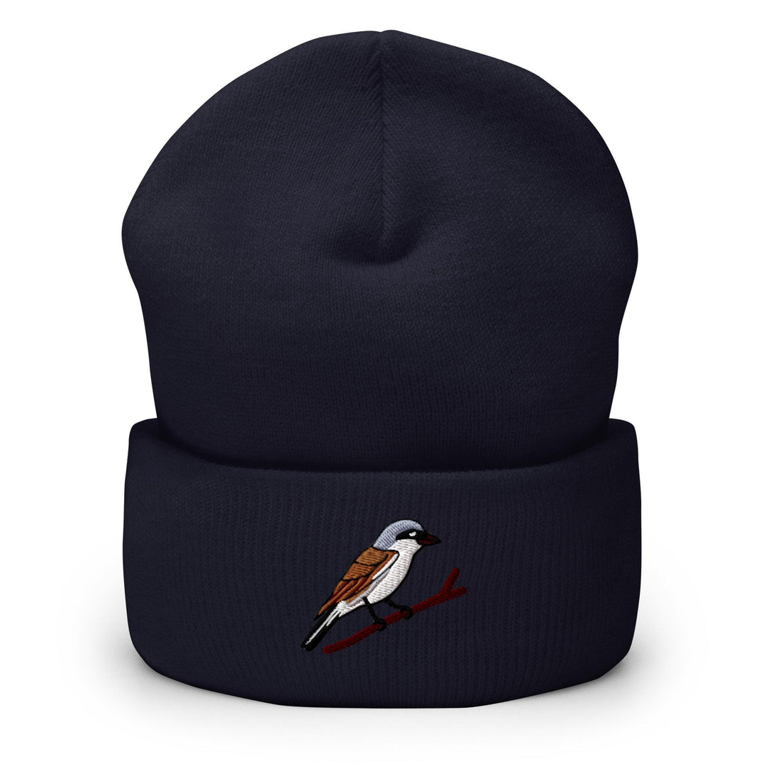 a blue beanie with a bird on it