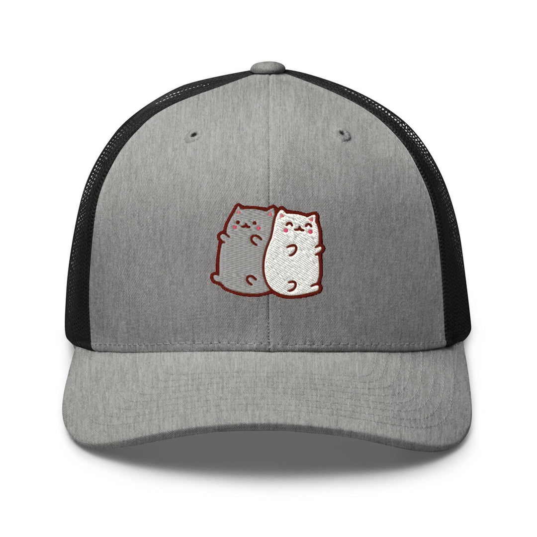 a gray and black hat with two cats on it