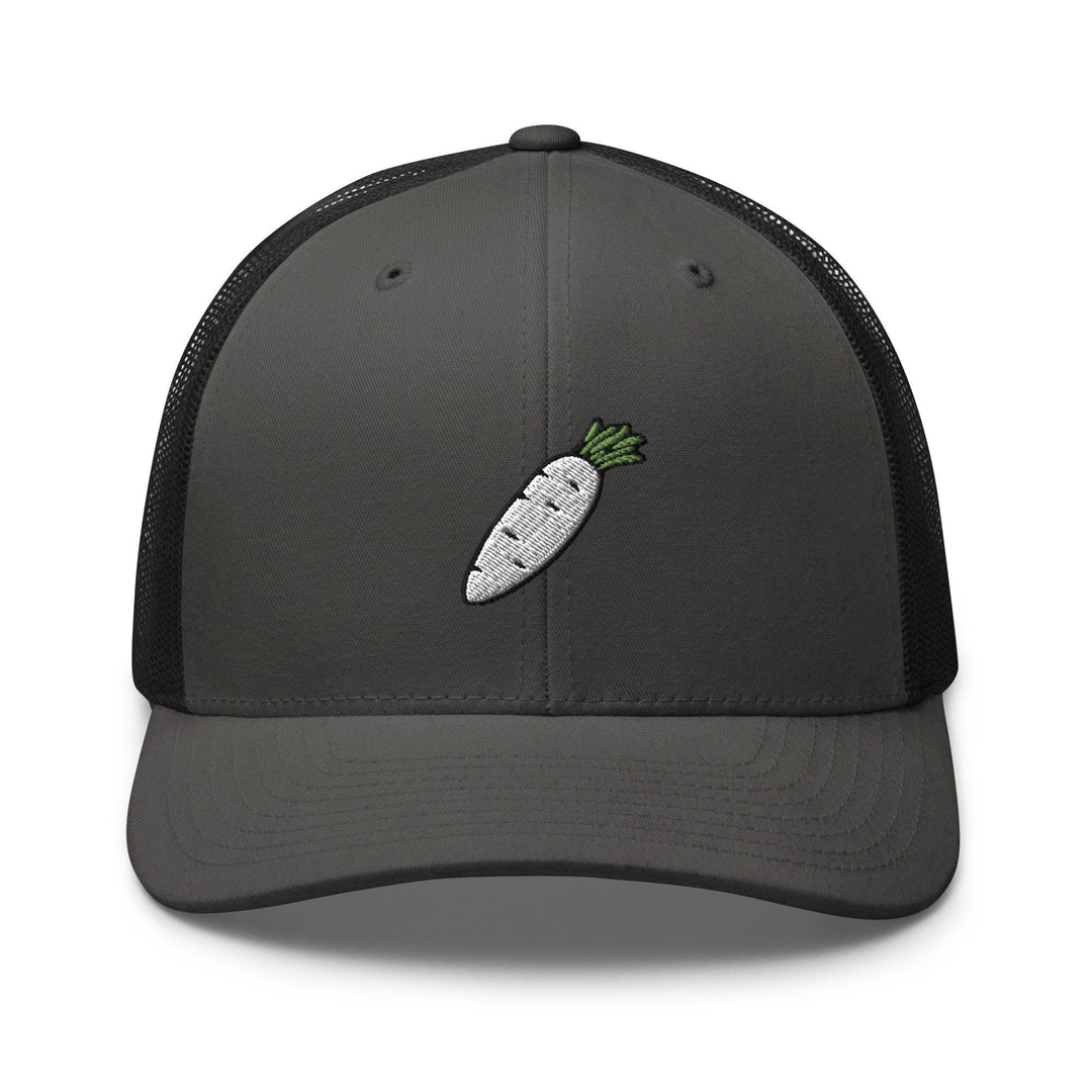a gray trucker hat with a carrot embroidered on the front
