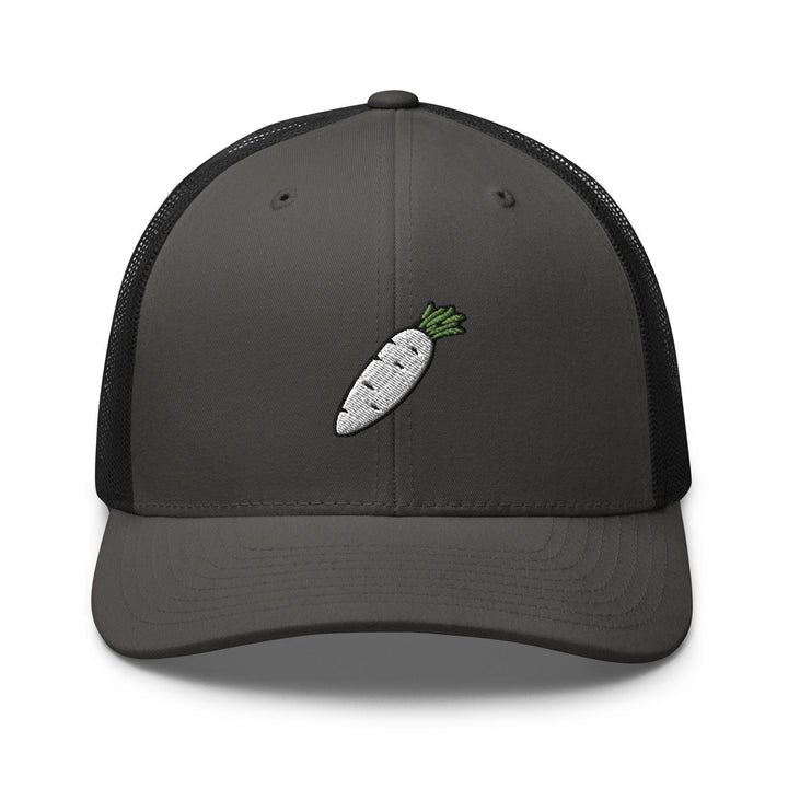 a gray trucker hat with a carrot embroidered on the front