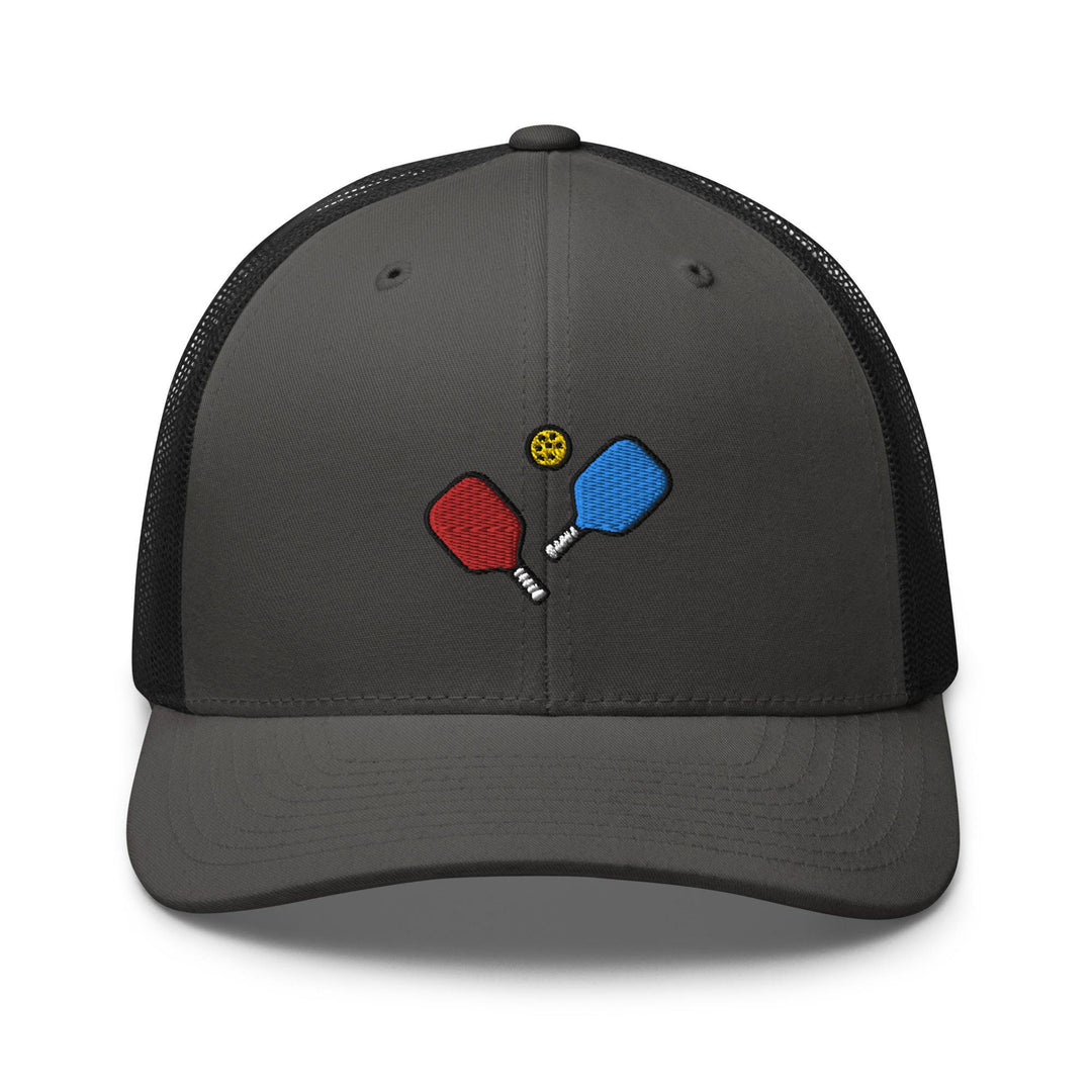 a gray and black hat with two ping pong paddles