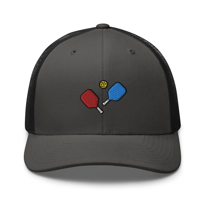 a gray and black hat with two ping pong paddles