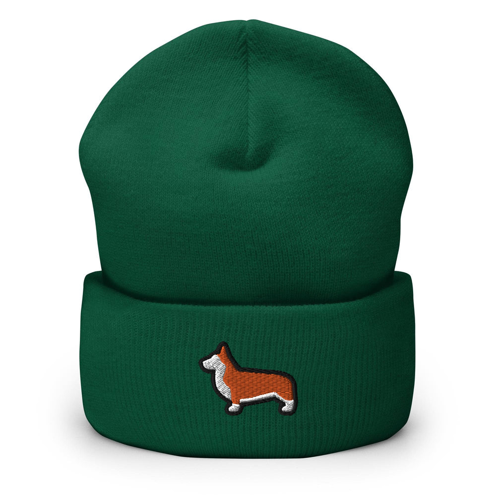 a green beanie with a red and white corgi on it