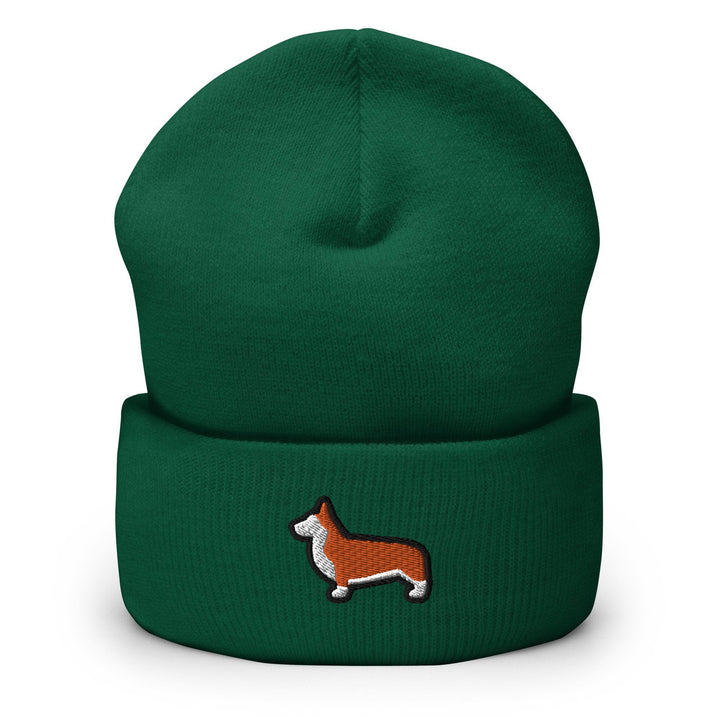 a green beanie with a red and white corgi on it