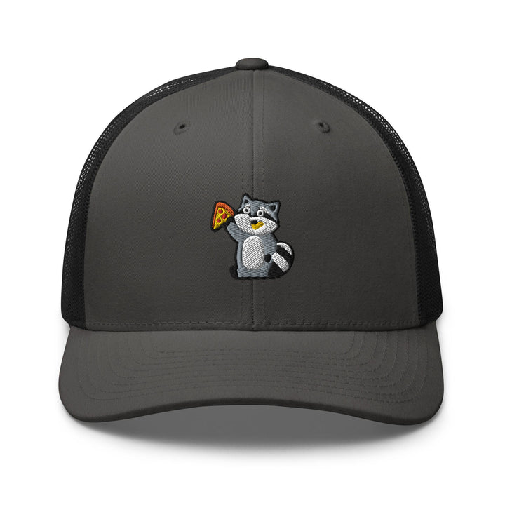 a gray and black trucker hat with a cat eating a pizza