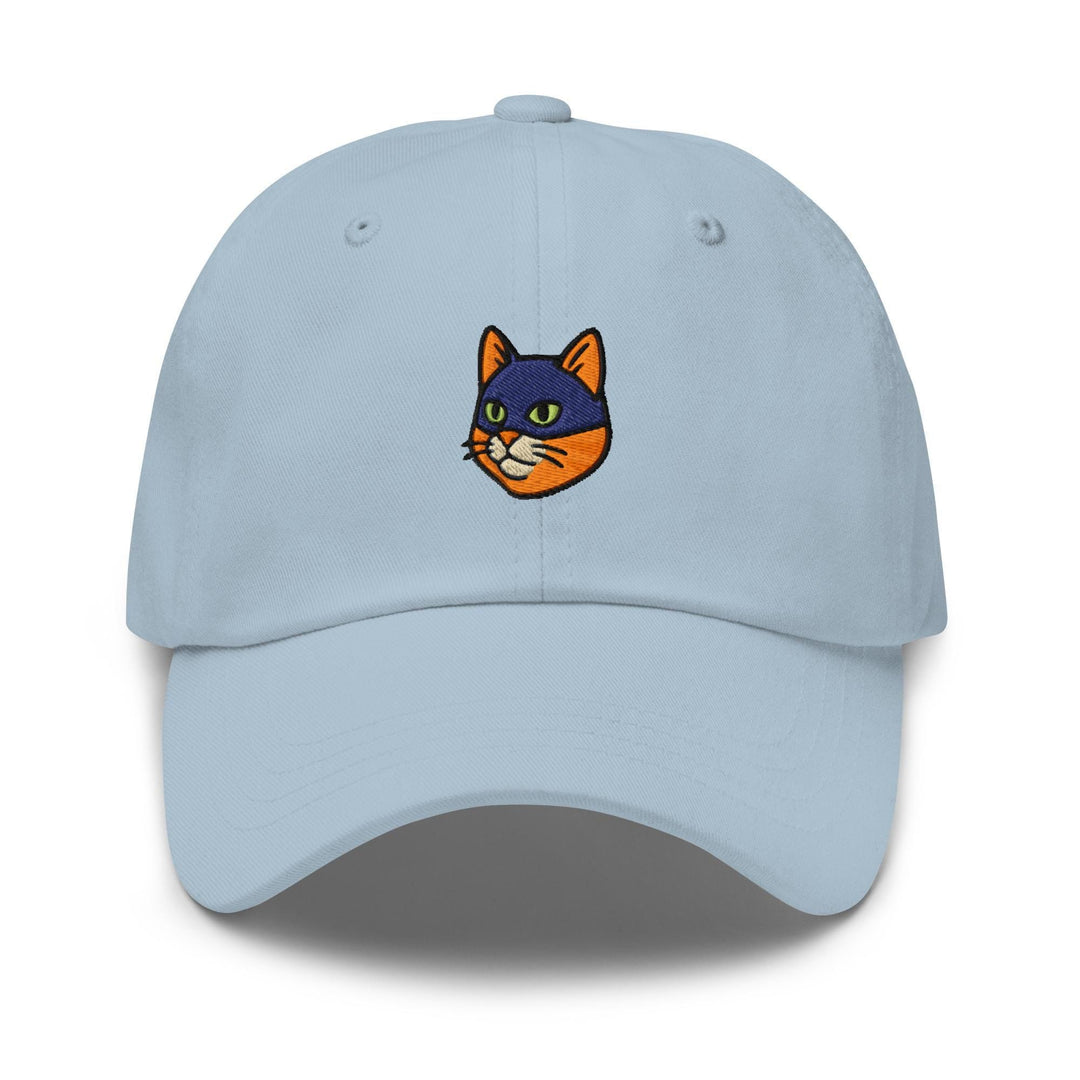 a light blue hat with a cat embroidered on the front