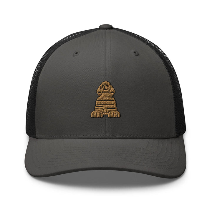 a gray and black trucker hat with a picture of a dog on it