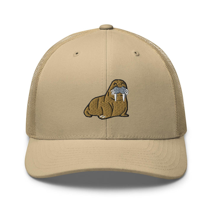 a tan trucker hat with an image of a beaver